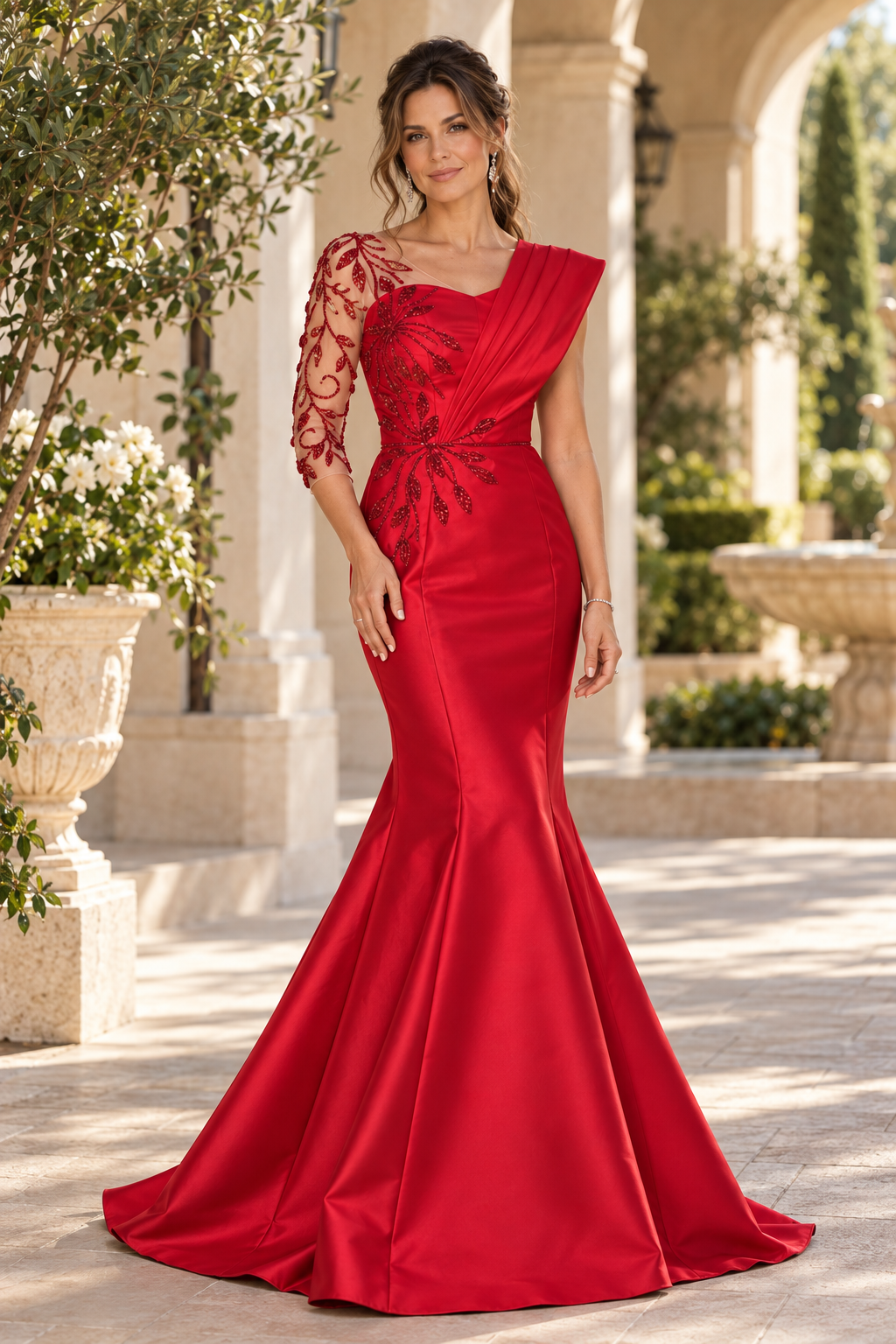 Asymmetrical Mermaid Gown with Beaded Sleeve