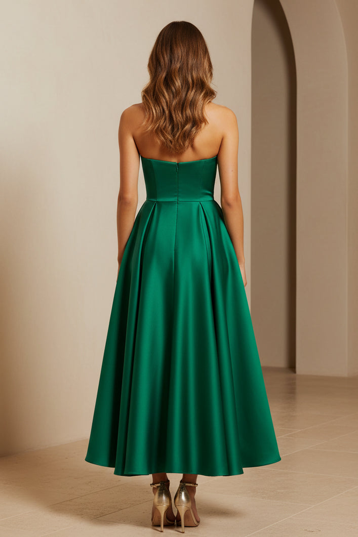 Strapless Pleated Satin Midi Dress with 3D Flower