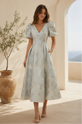 Puff Sleeve Jacquard Midi Dress with Pockets