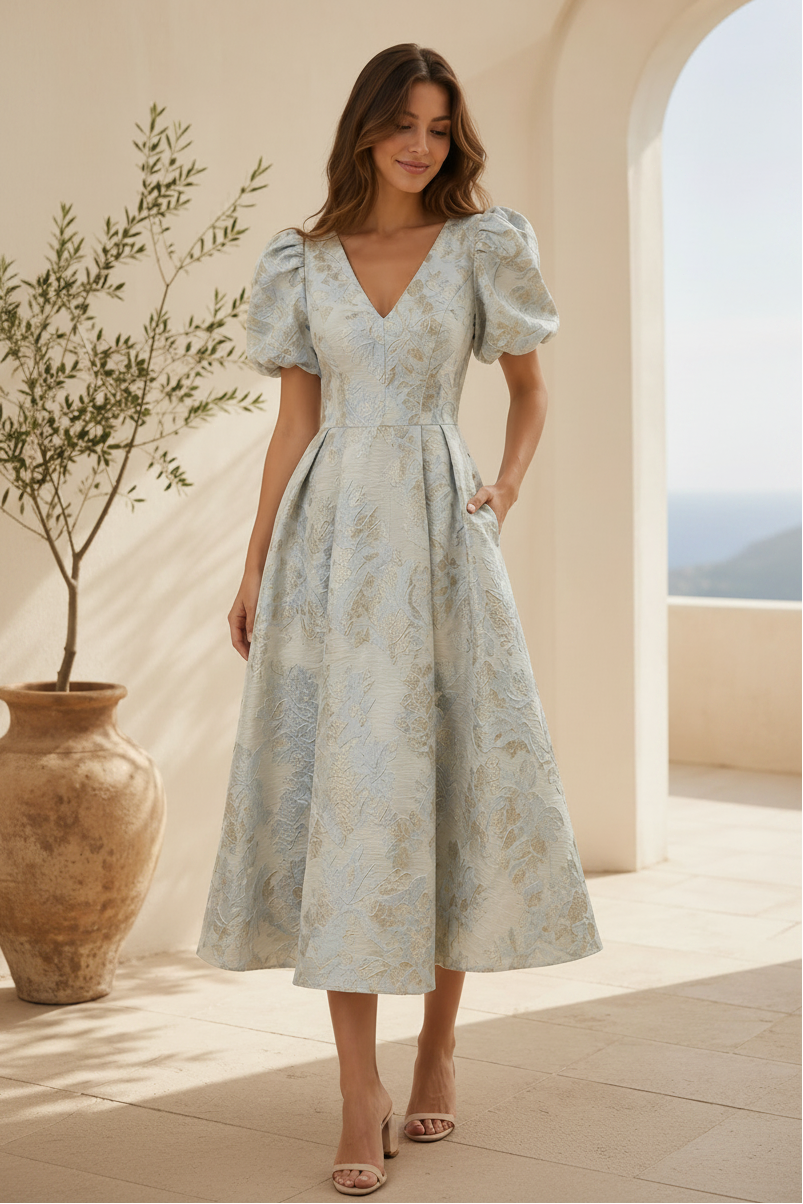 Puff Sleeve Jacquard Midi Dress with Pockets