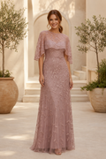 Illusion Cape Sleeve Glitter Leaf Evening Gown