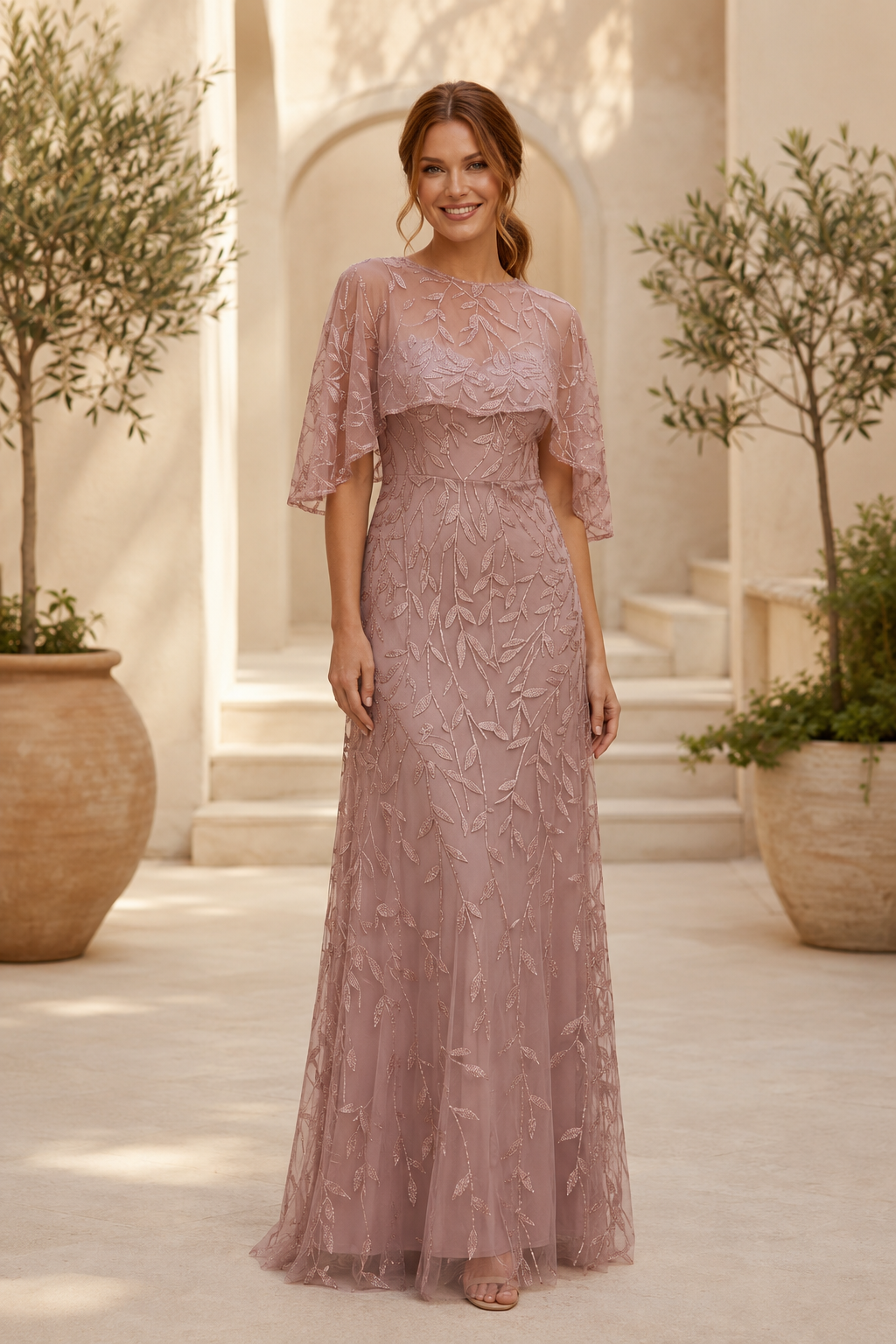 Illusion Cape Sleeve Glitter Leaf Evening Gown