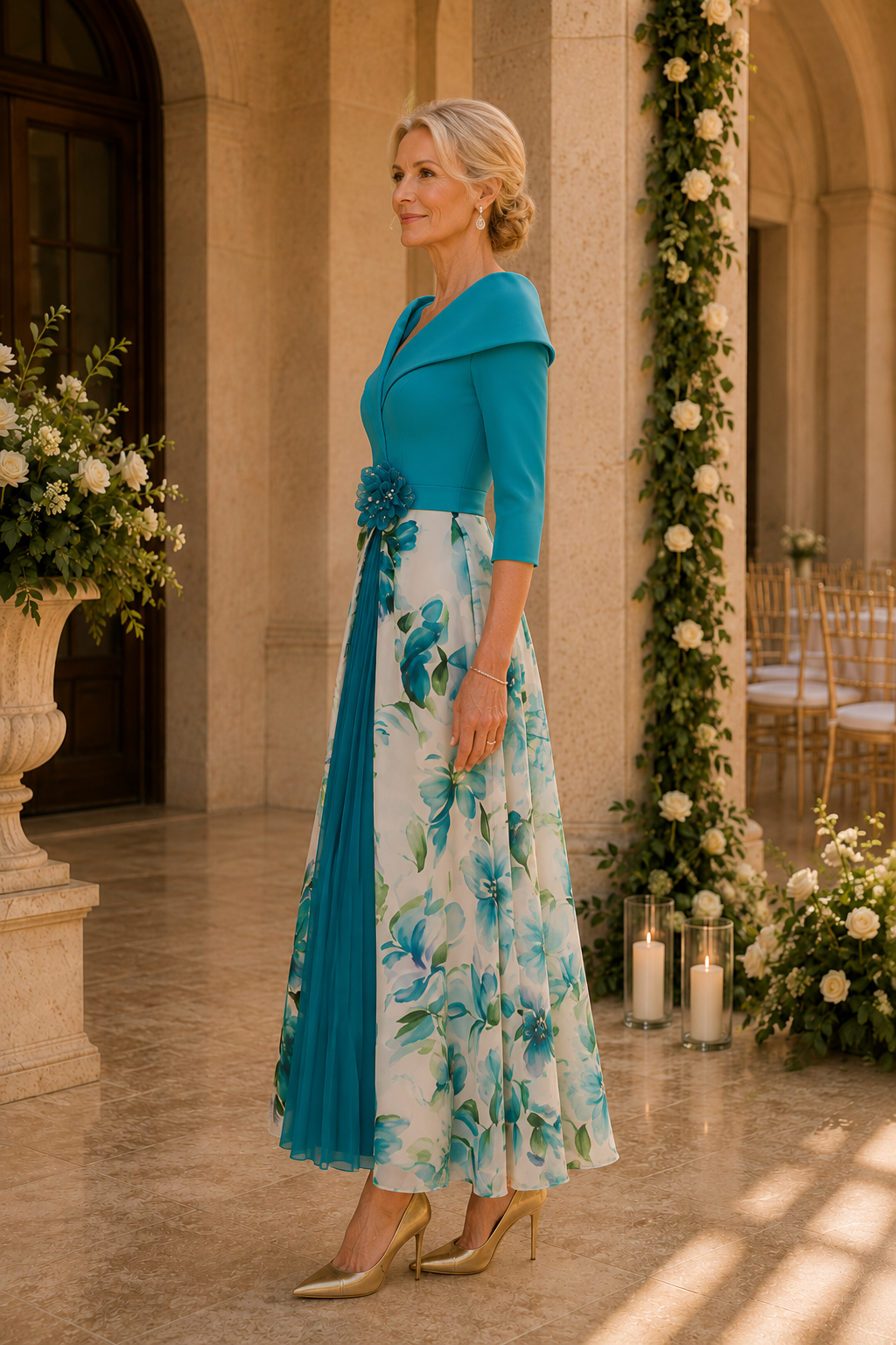 Portrait Collar Floral Pleated Ankle-Length Dress