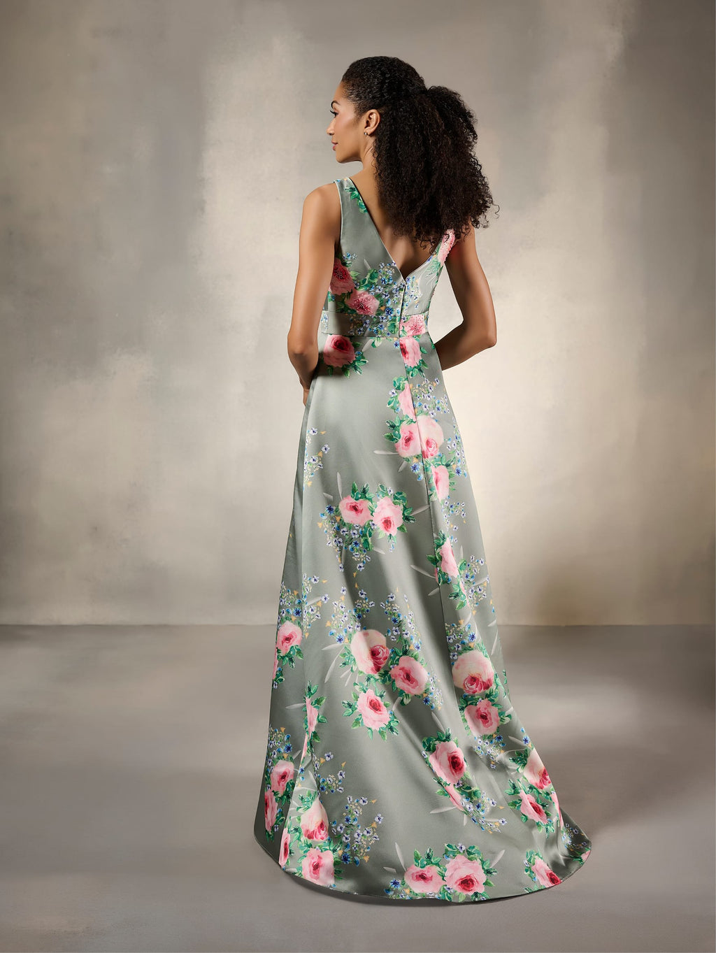 Floral V-Neck A-Line Satin Evening Gown