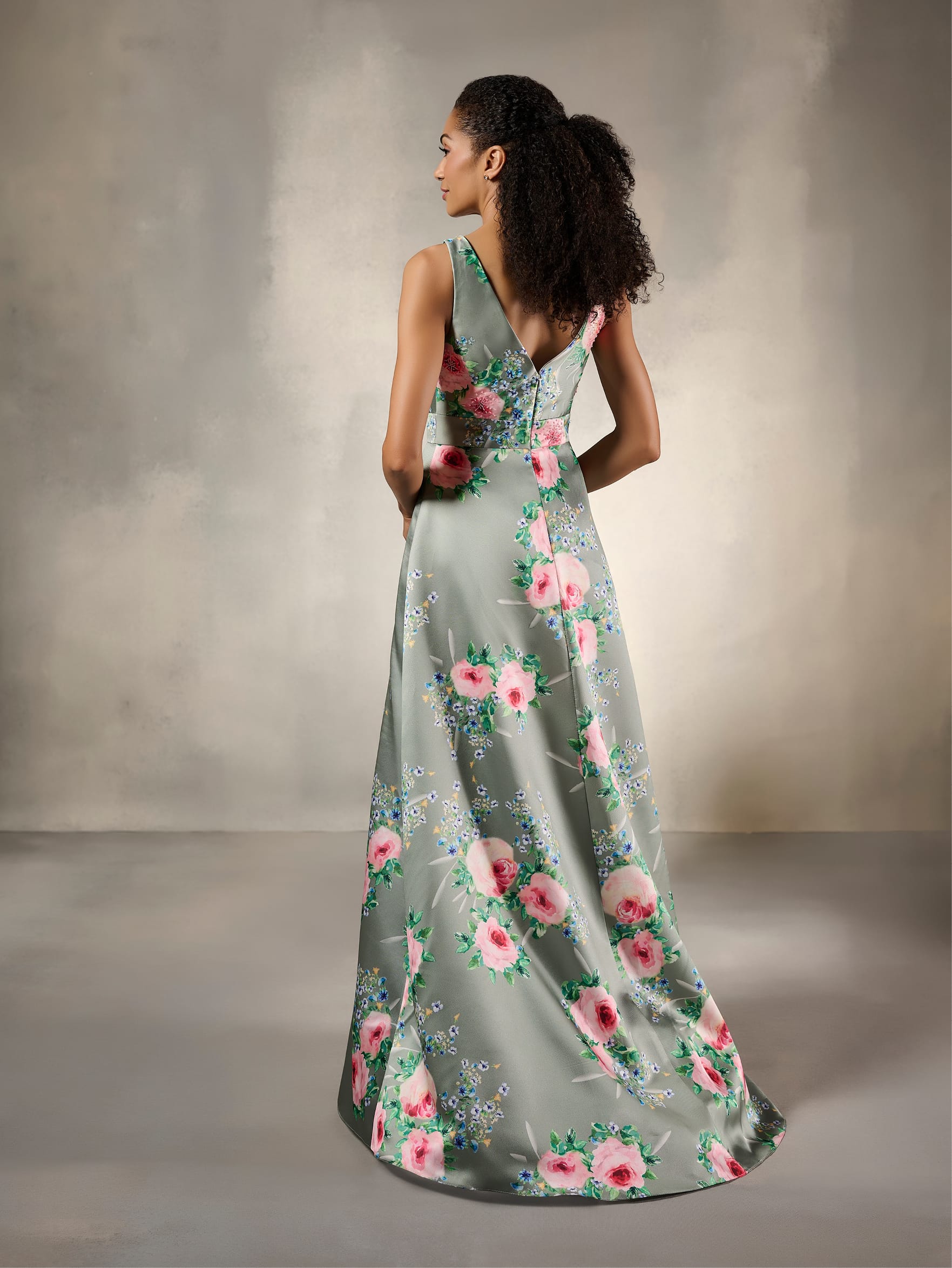 Floral V-Neck A-Line Satin Evening Gown
