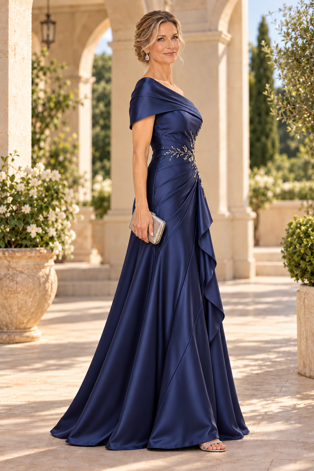 One-Shoulder Satin Gown with Beaded Waist