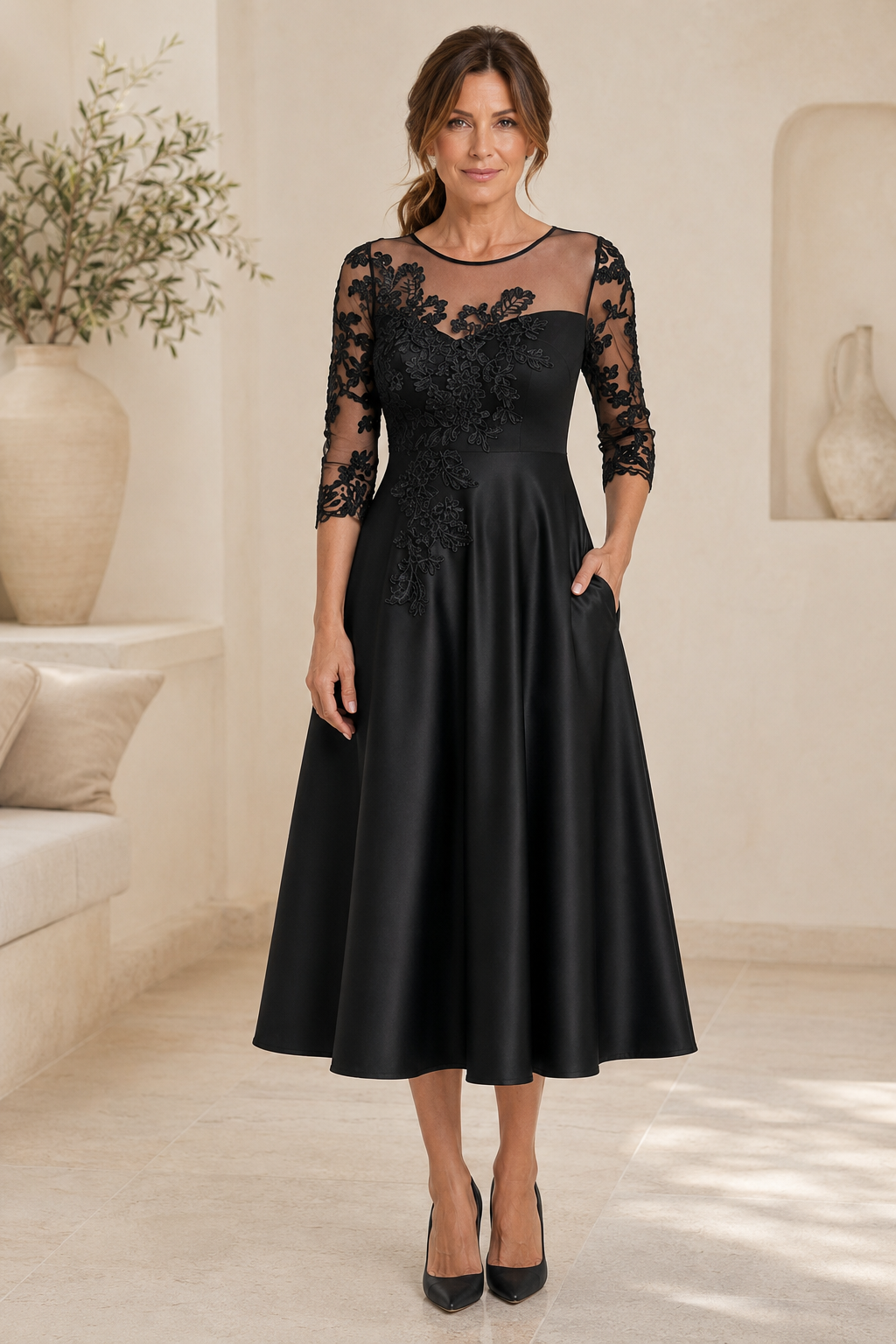 Illusion Neckline Lace Applique Midi A-Line Dress