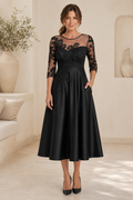 Illusion Neckline Lace Applique Midi A-Line Dress