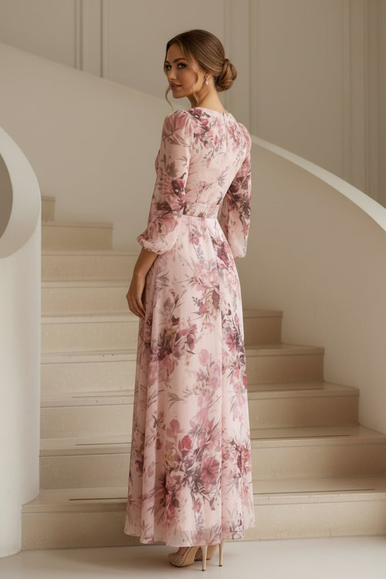 Floral Chiffon Wrap Maxi Dress with 3/4 Sleeves