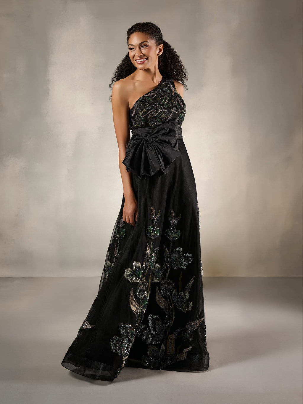 One-Shoulder Floral Sequin A-Line Evening Gown