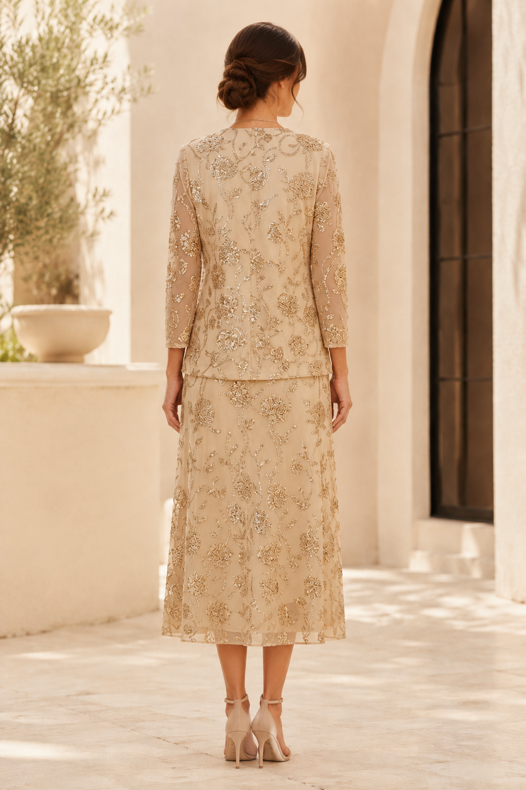 Sequin Beaded Floral Midi Dress with Jacket
