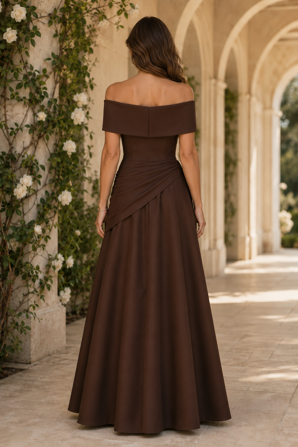 Beaded Off-the-Shoulder Draped A-Line Gown
