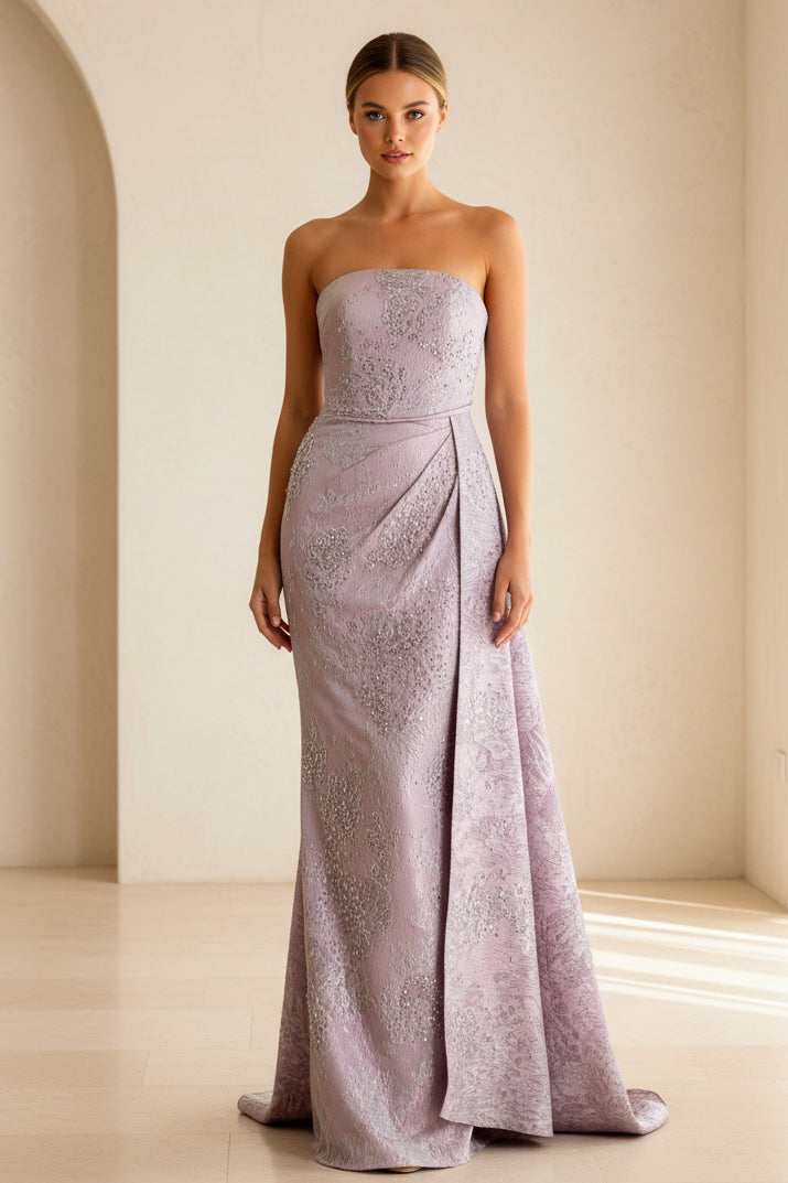 Strapless Jacquard Column Gown with Cape