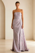 Strapless Jacquard Column Gown with Cape