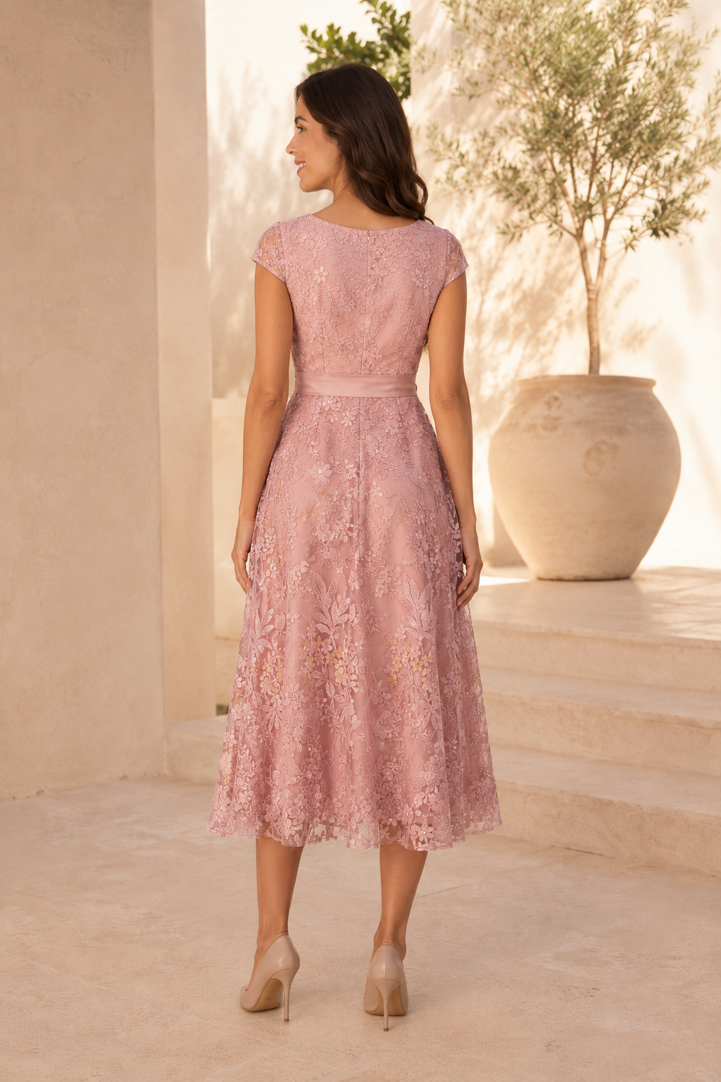 Cap Sleeve Embroidered Lace A-Line Midi Dress