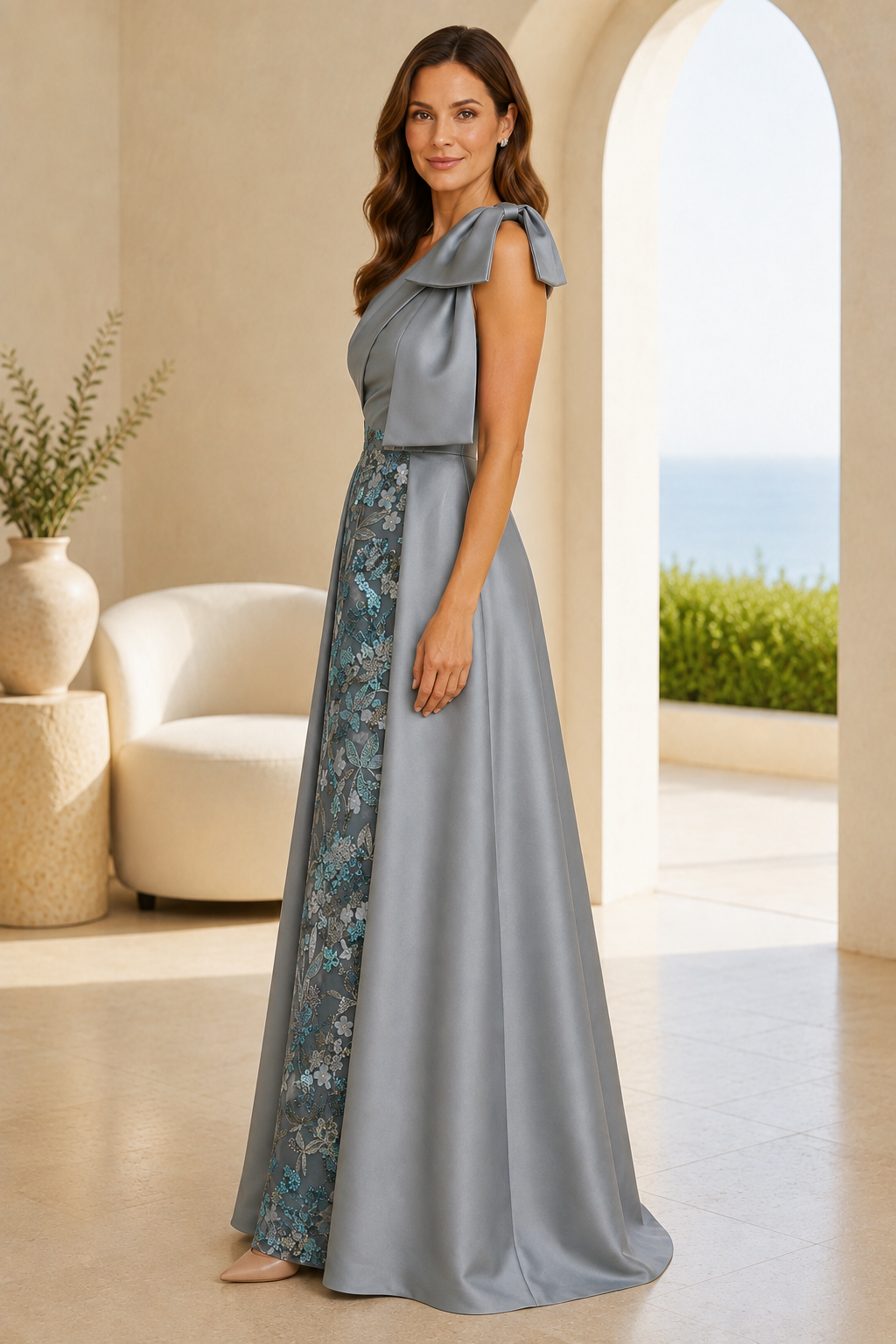 One-Shoulder Floral Jacquard Gown with Bow Detail