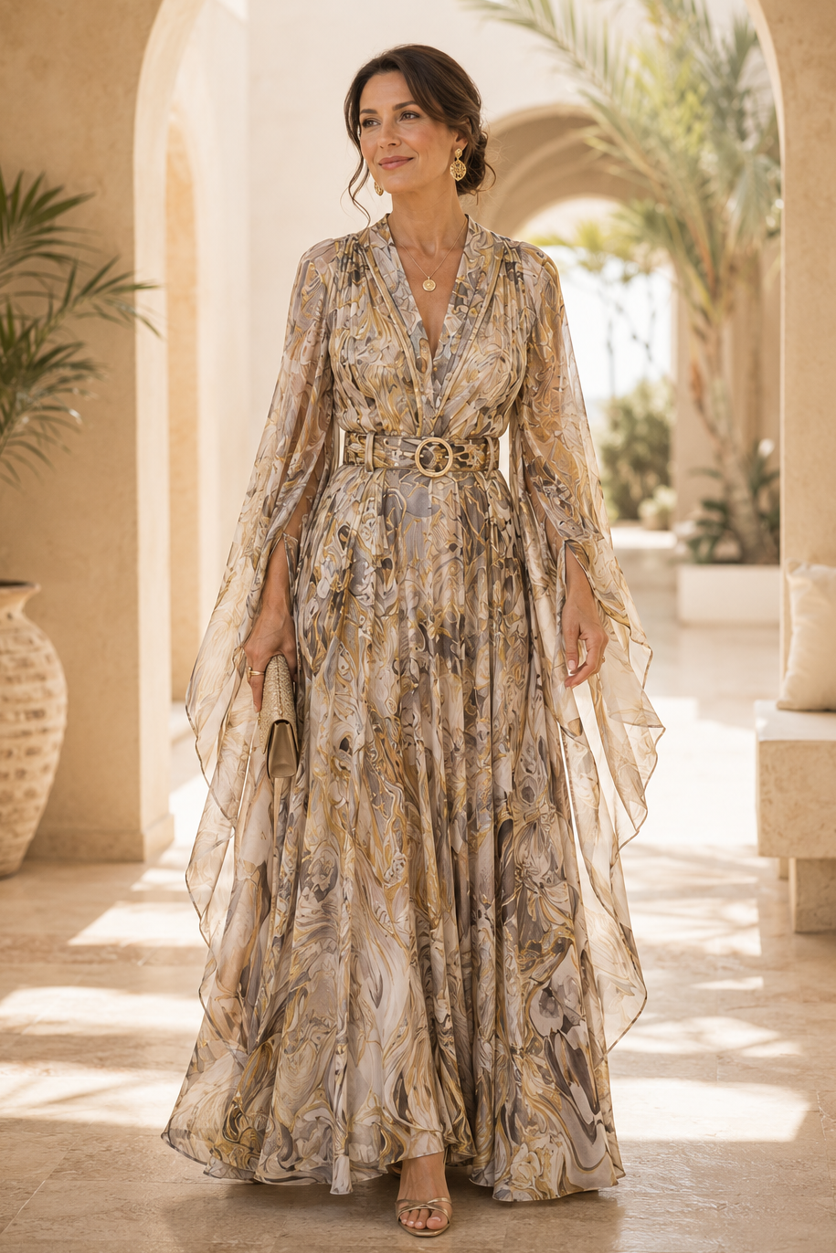 Printed Cape Sleeve Maxi Dress with Belt