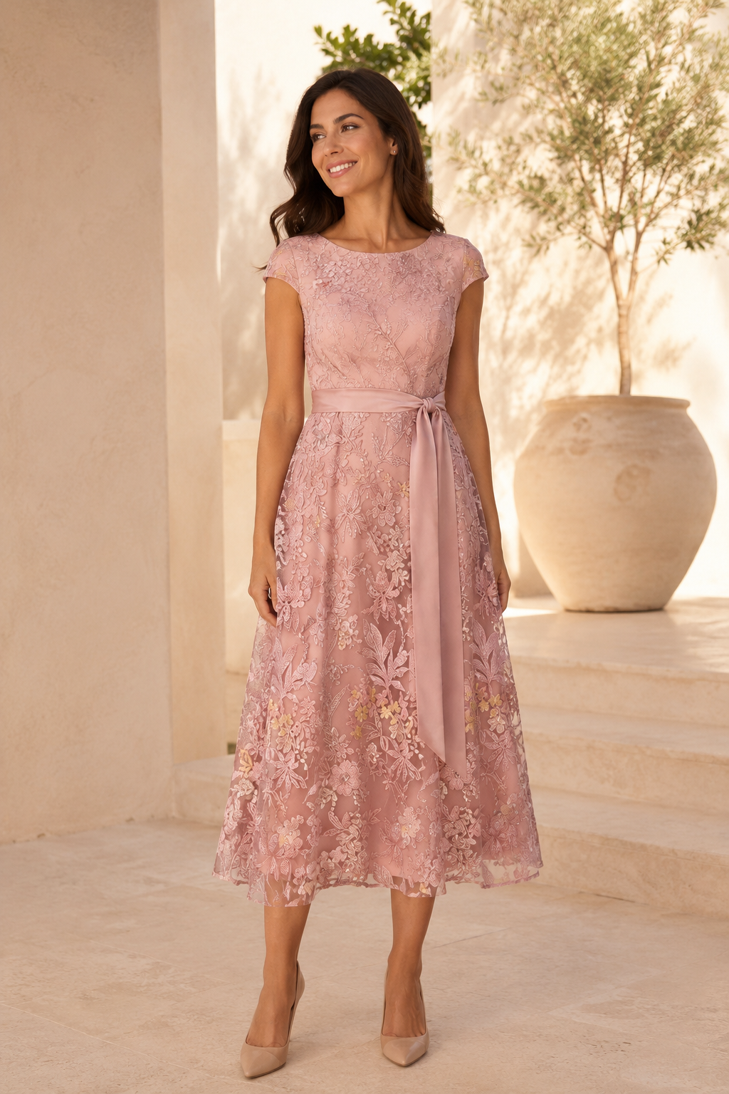 Cap Sleeve Embroidered Lace A-Line Midi Dress