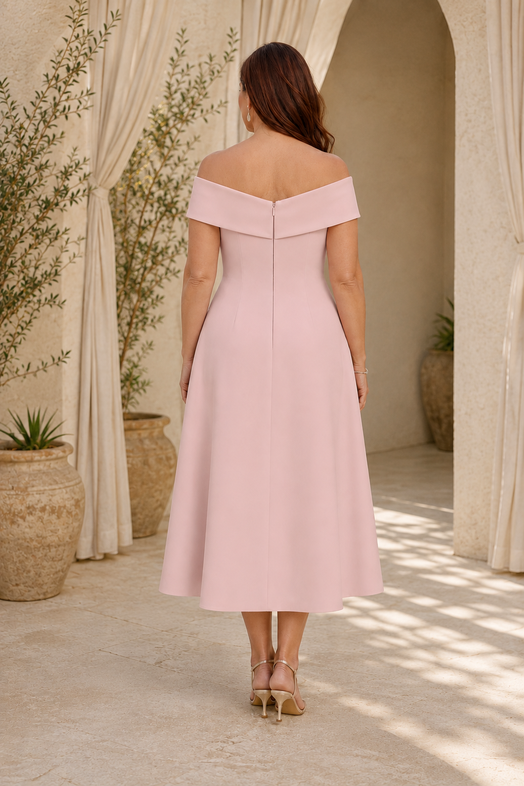Off-the-Shoulder Tea-Length Dress with 3D Floral Appliques