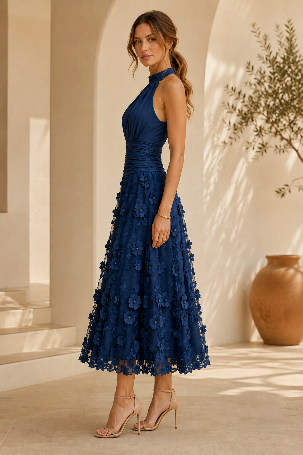 Halter Neck Pleated Bodice 3D Floral Midi Dress