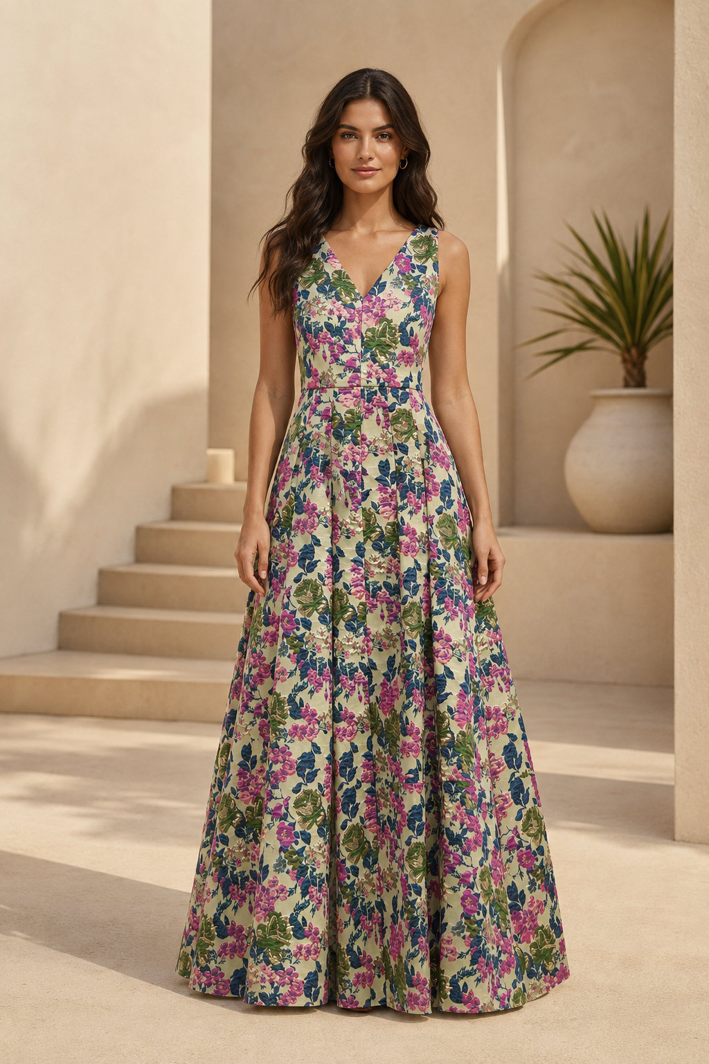 Floral Jacquard A-Line Maxi Dress