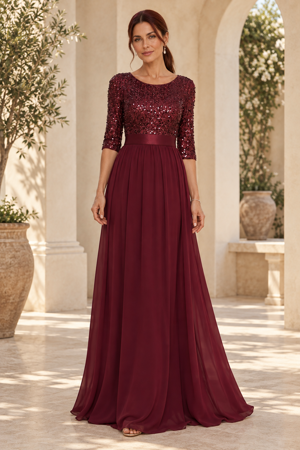 Sequin Bodice A-Line Gown with 3/4 Sleeves