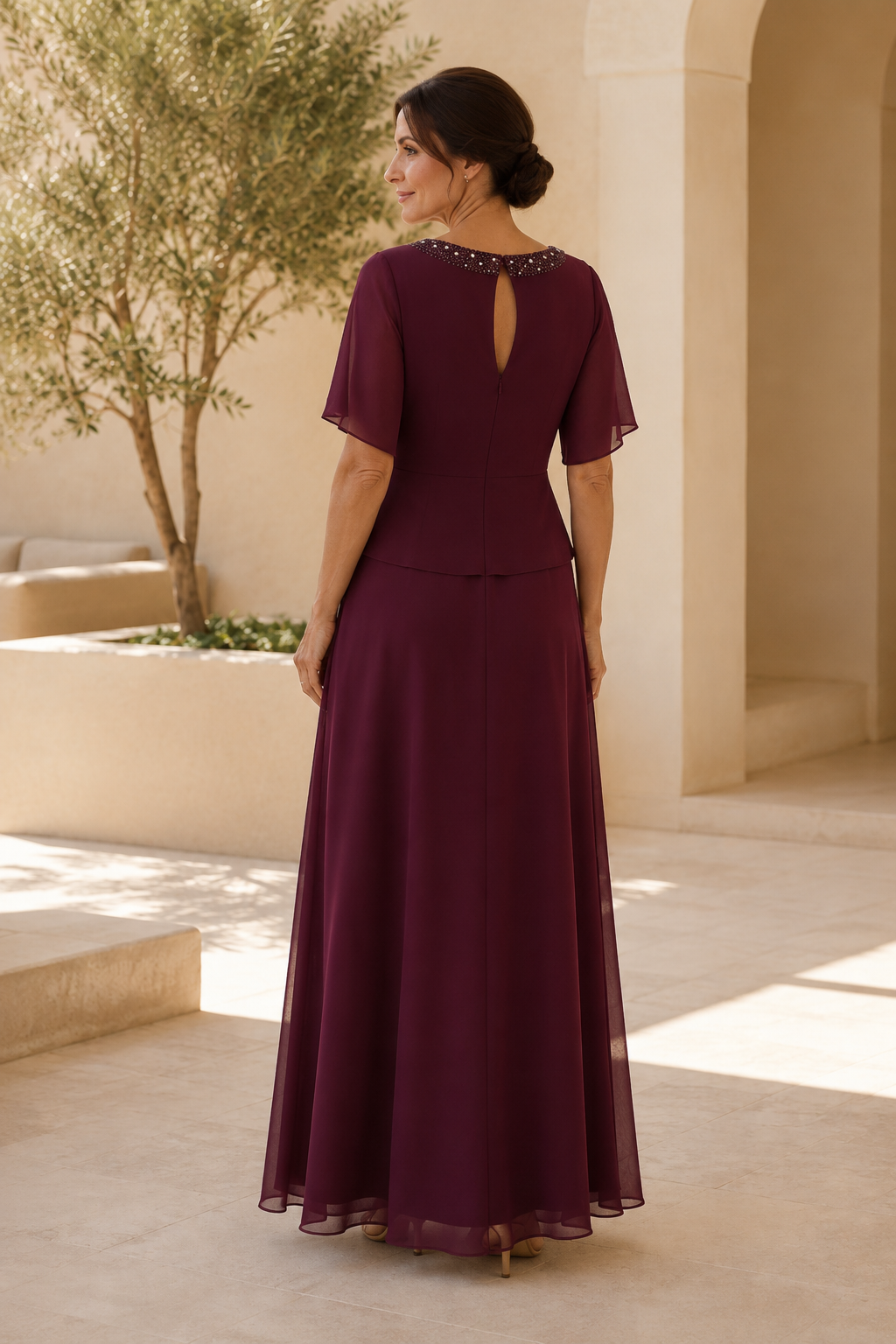 Asymmetrical Chiffon Gown with Beaded Neckline