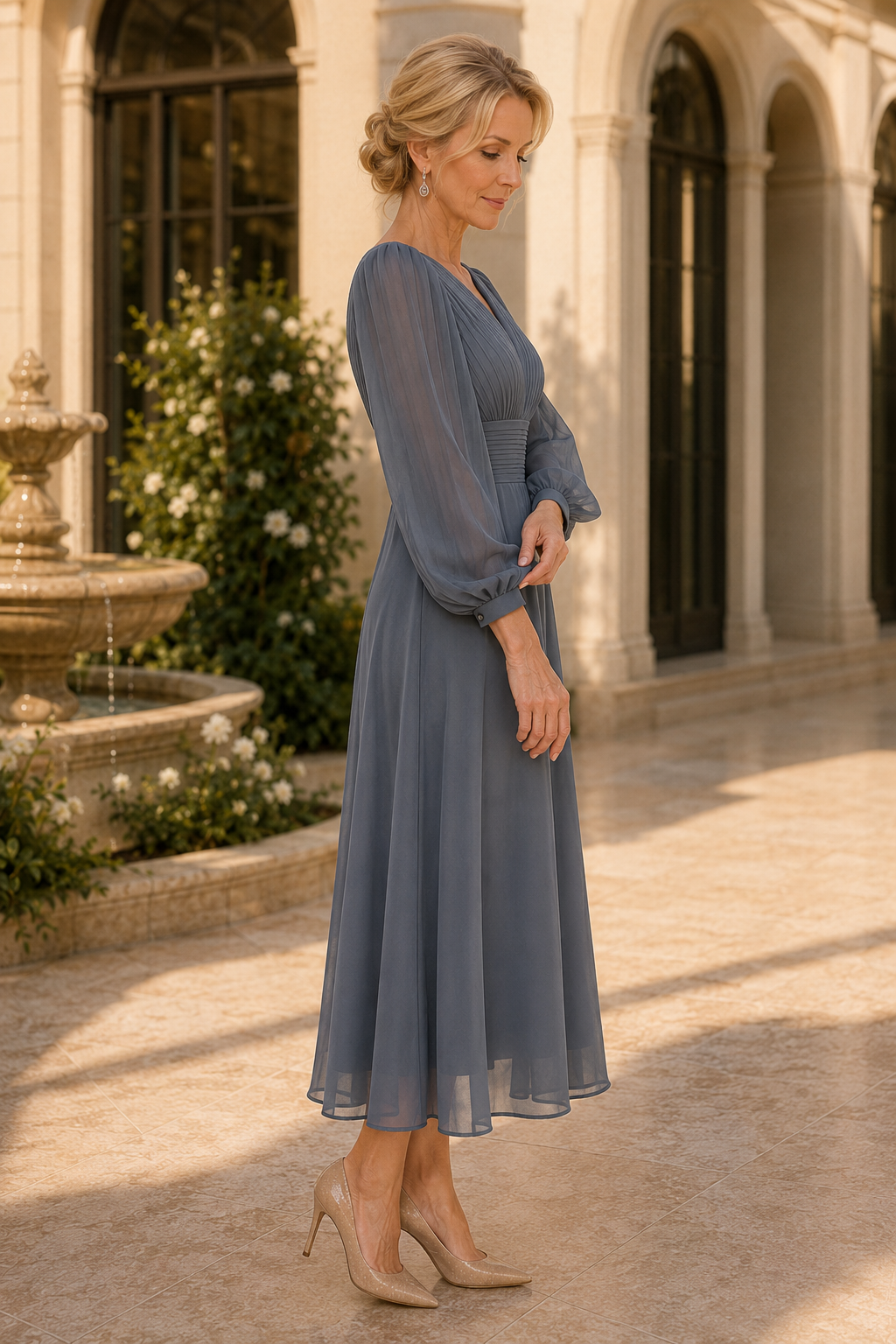 Pleated Chiffon V-Neck Midi Dress with Long Sleeves