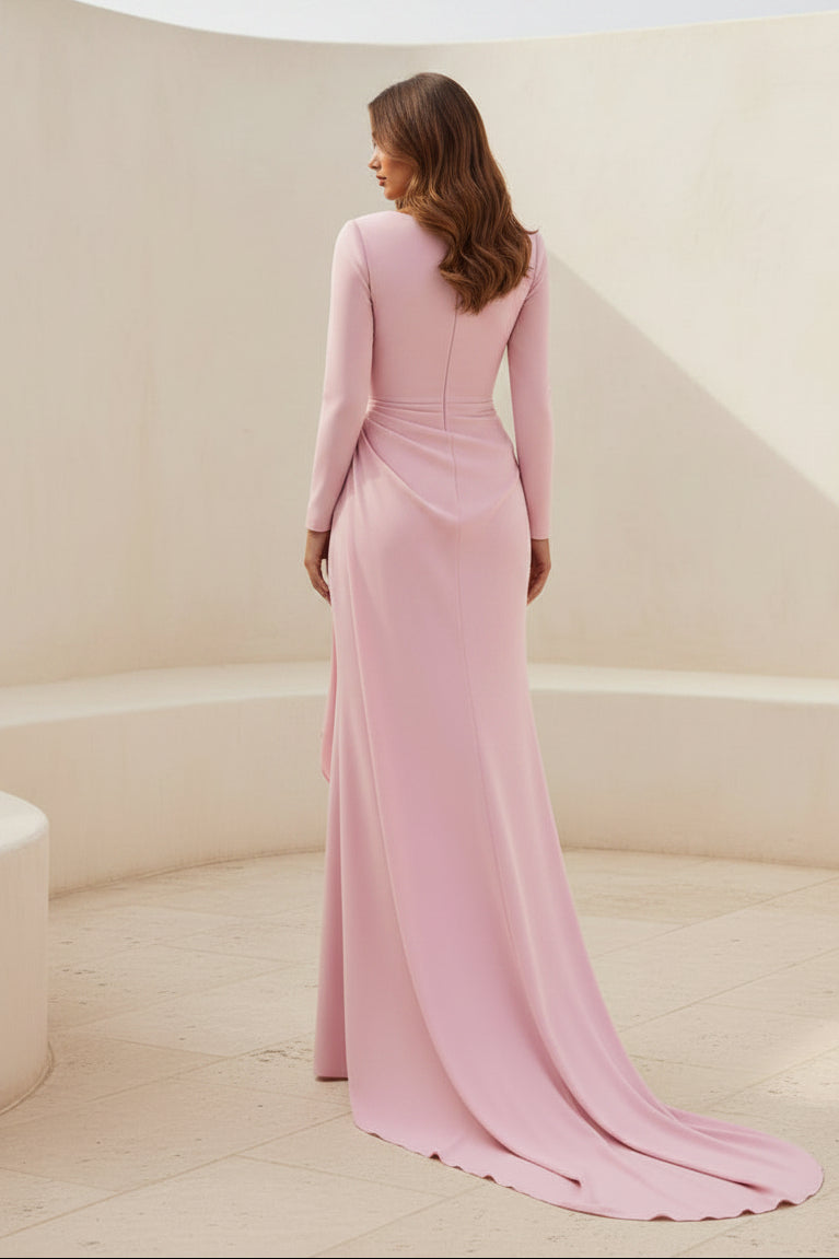 Elegant V-Neck Long Sleeve Side Draped Evening Gown