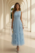 Ruched Tulle A-Line Midi Dress with 3D Flowers