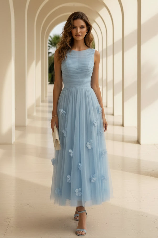 Ruched Tulle A-Line Midi Dress with 3D Flowers