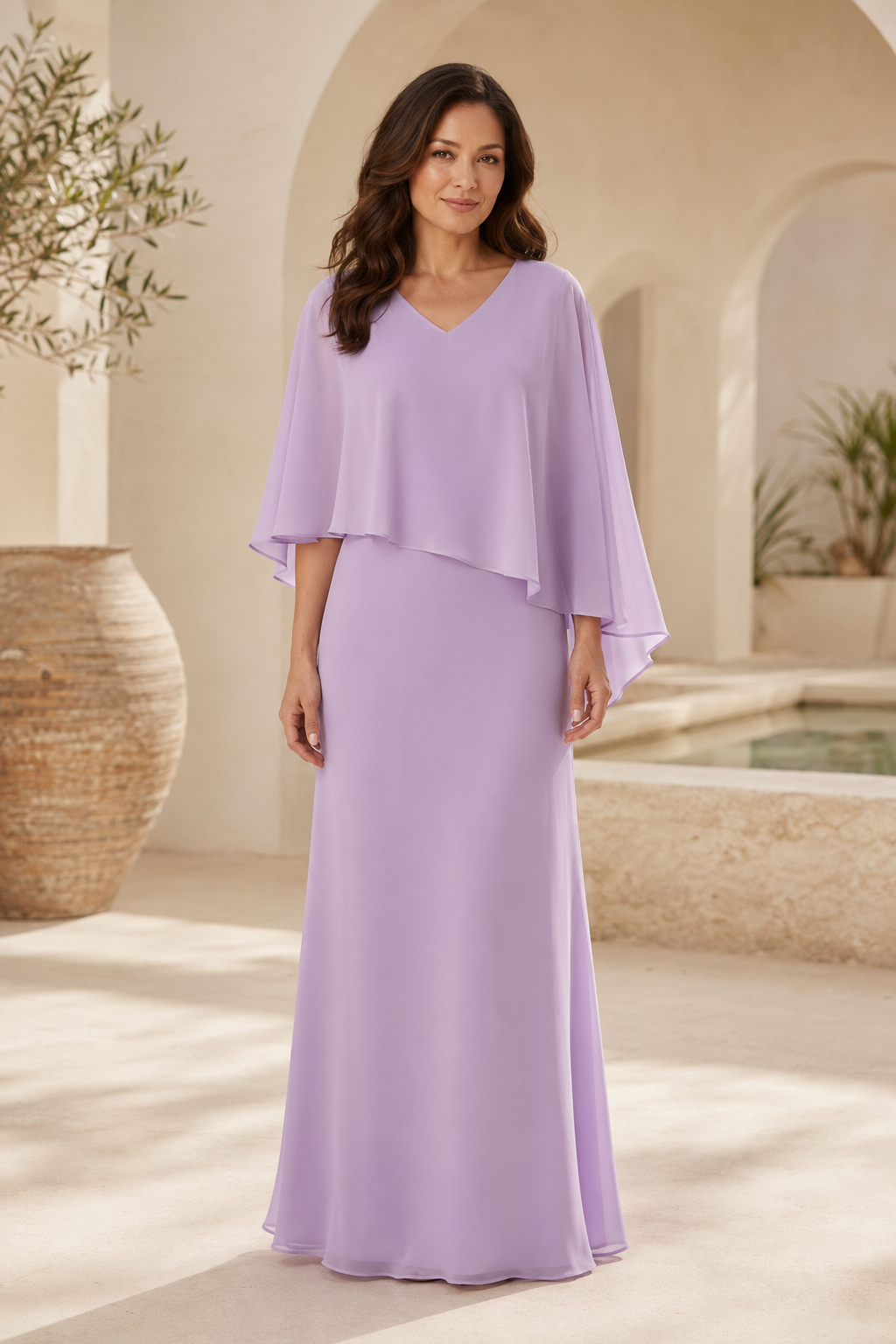 Chiffon Evening Gown with Cape Overlay
