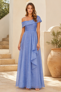 One Shoulder Glitter A-Line Evening Gown with Ruffle