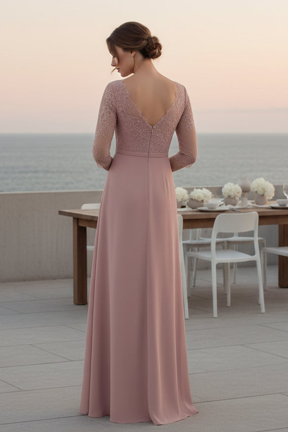 Asymmetrical Illusion Lace Chiffon Evening Gown