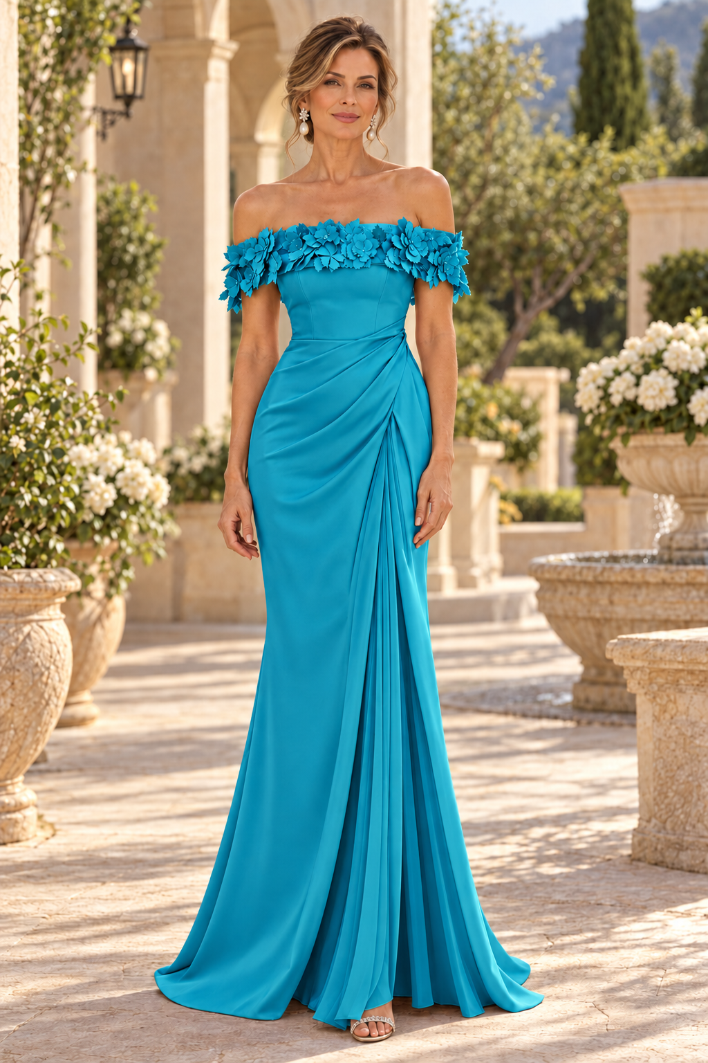 Floral Off-Shoulder Draped Gown with Slit