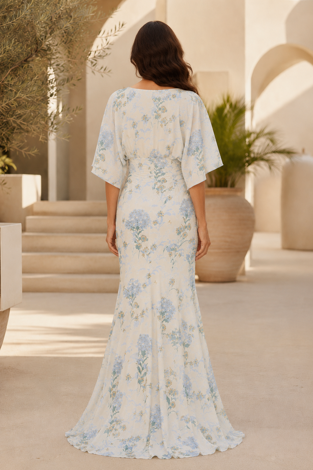 Floral Print Flutter Sleeve Mermaid Evening Gown