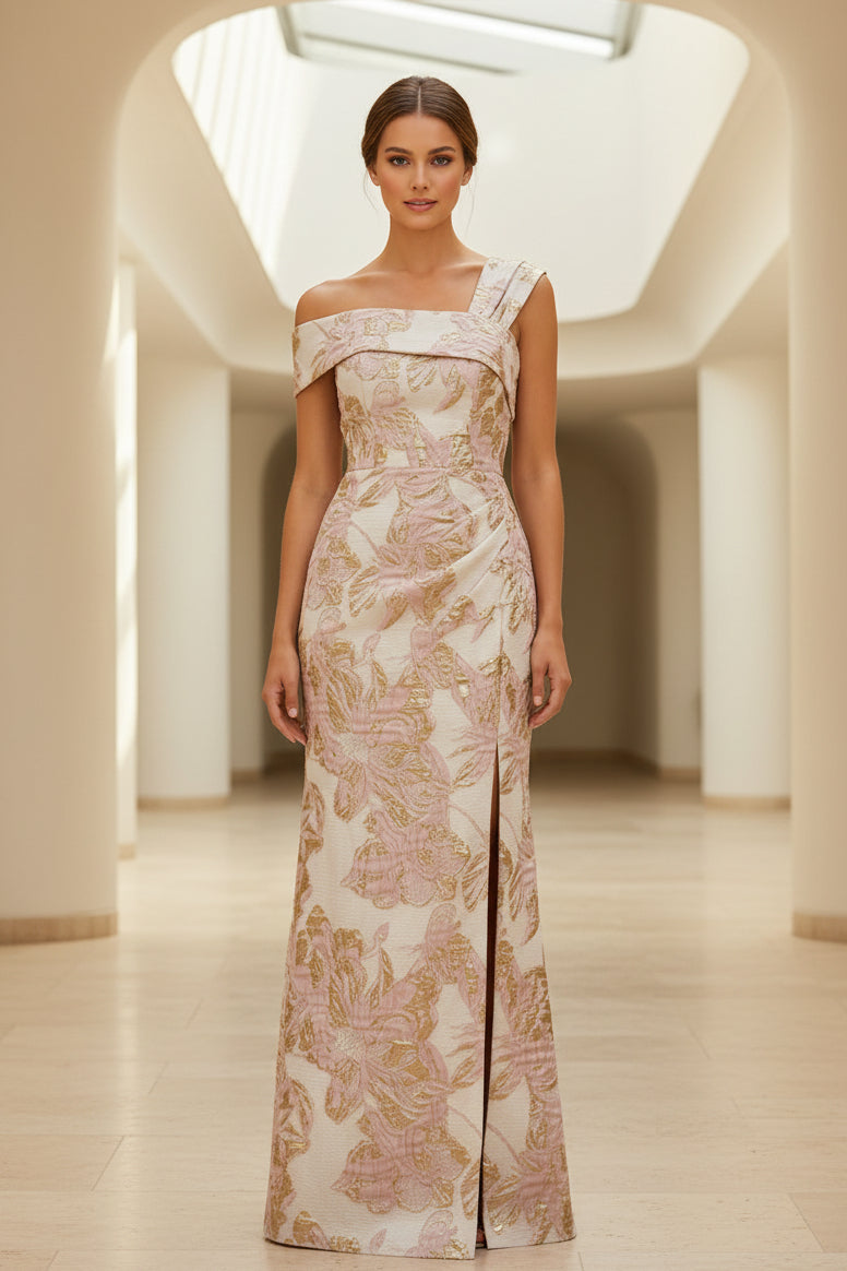 Floral Jacquard One-Shoulder Slit Evening Gown
