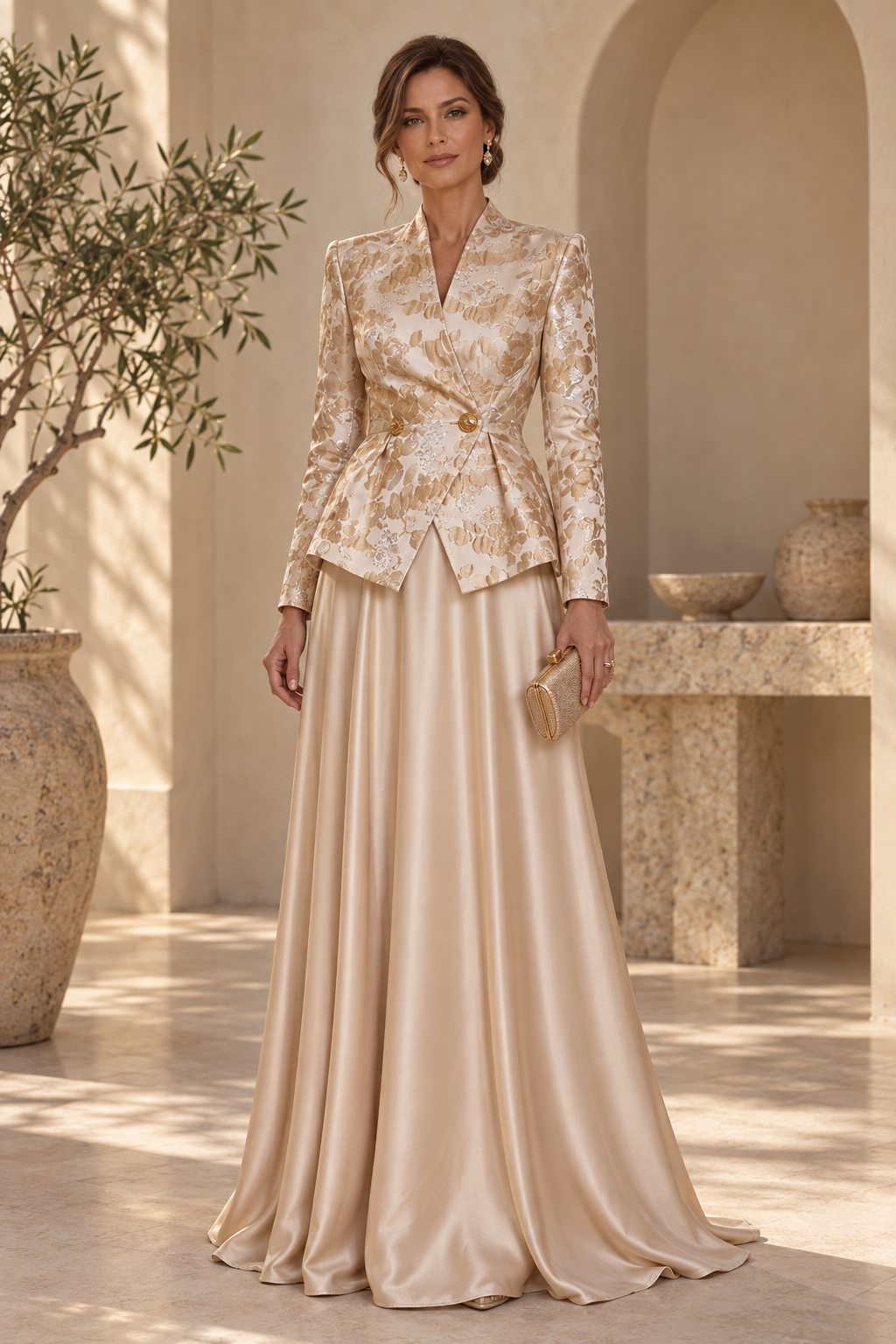 Jacquard Peplum Jacket Evening Gown