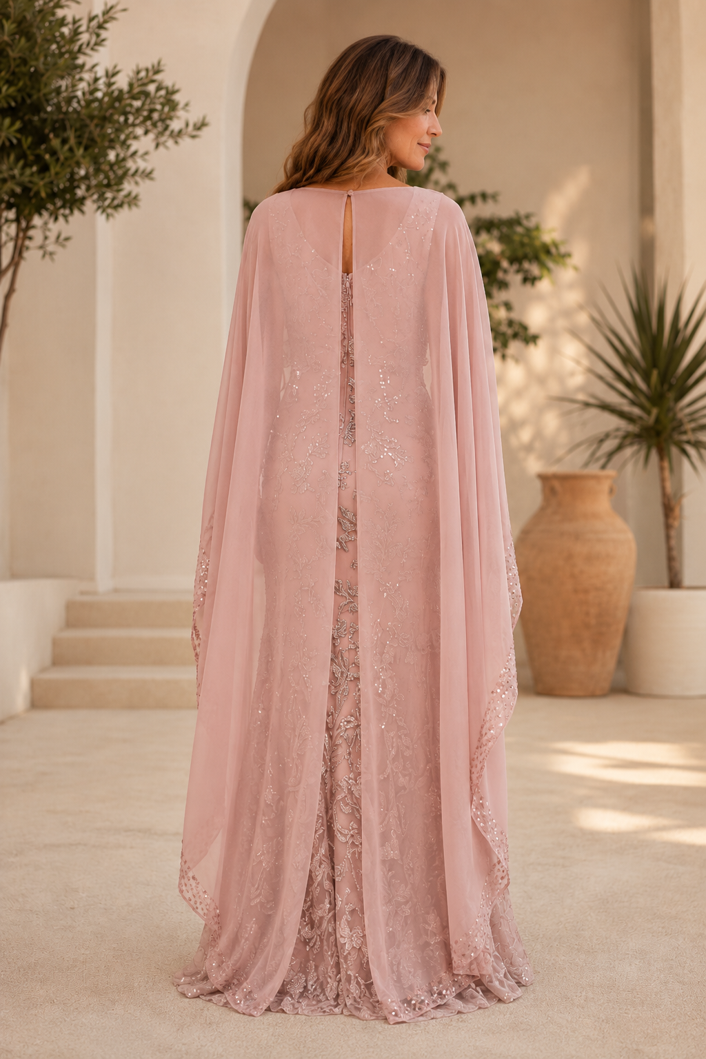 Embroidered Sequin Formal Gown with Capelet