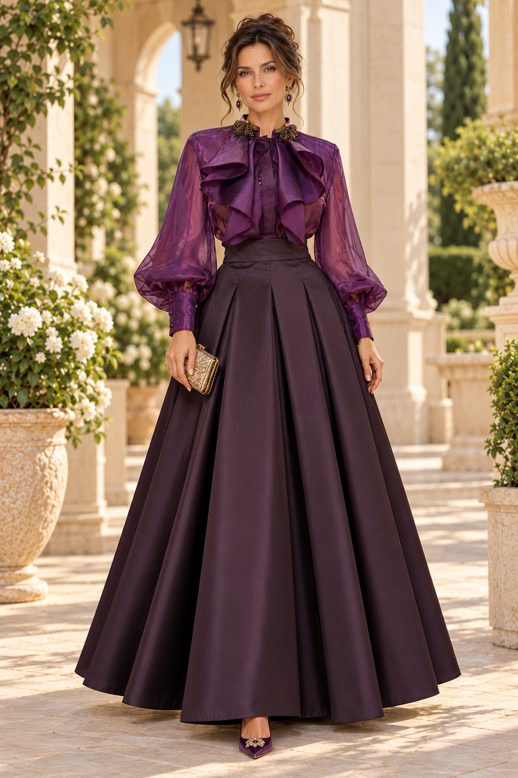 Ruffled High Neck Blouse & Pleated Ball Gown Skirt Set