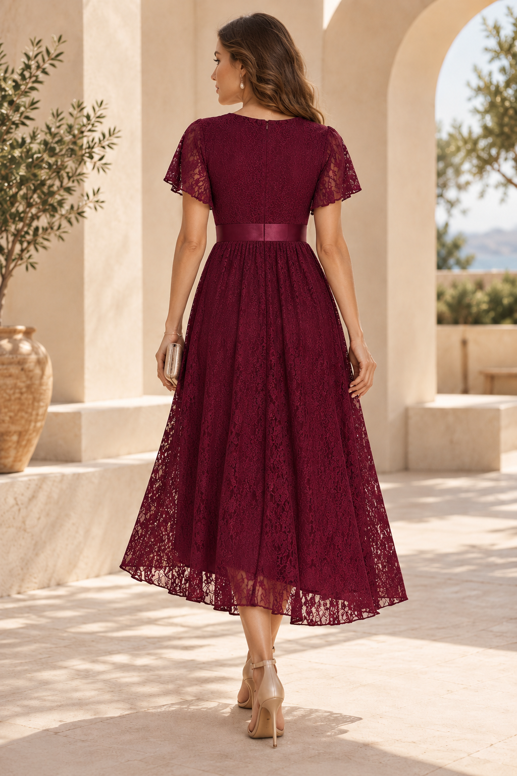 Lace High-Low Dress with Flutter Sleeves
