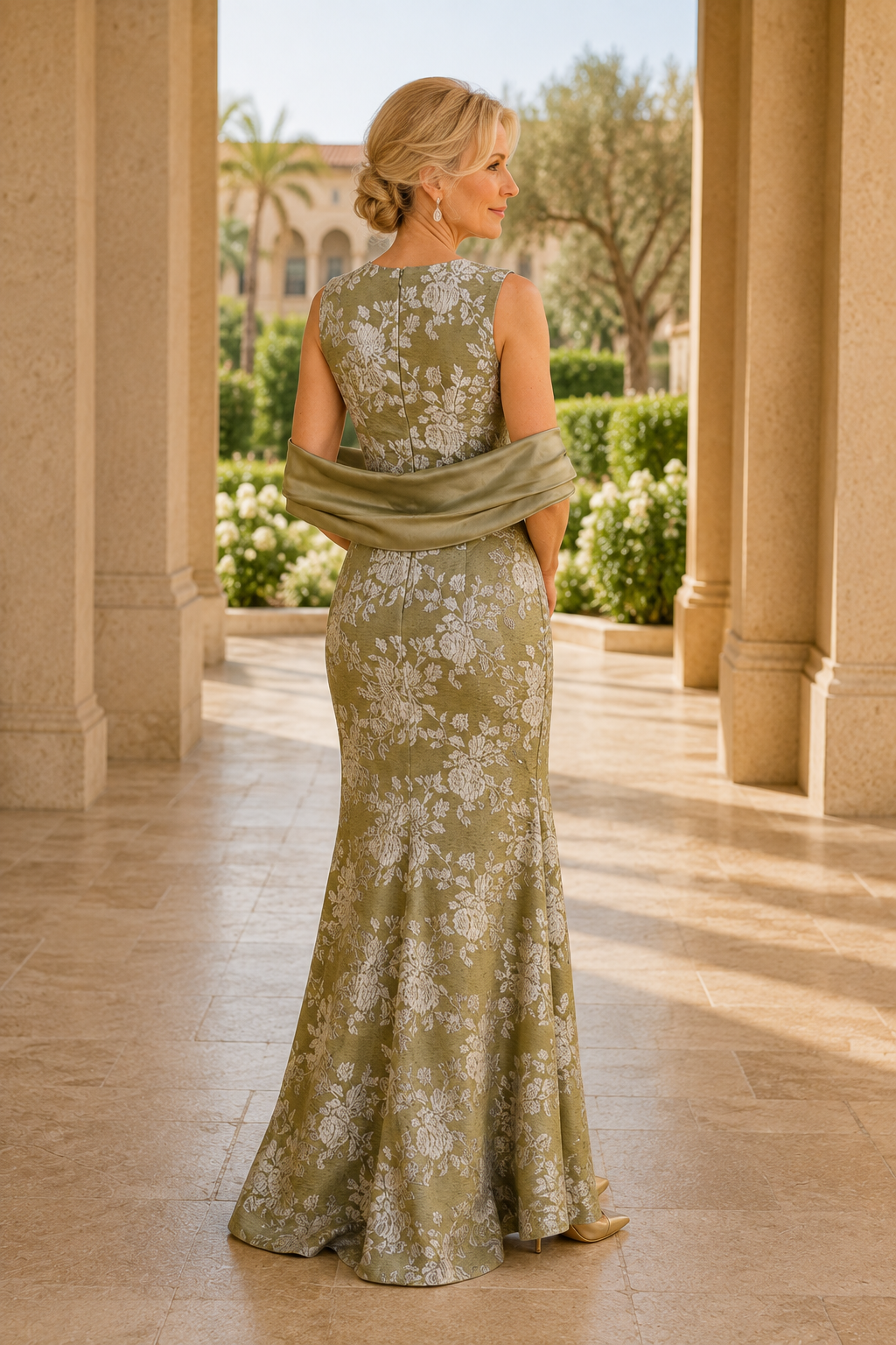 Floral Jacquard Sleeveless Trumpet Evening Gown