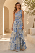 One-Shoulder Floral Embroidered Ruffle Gown