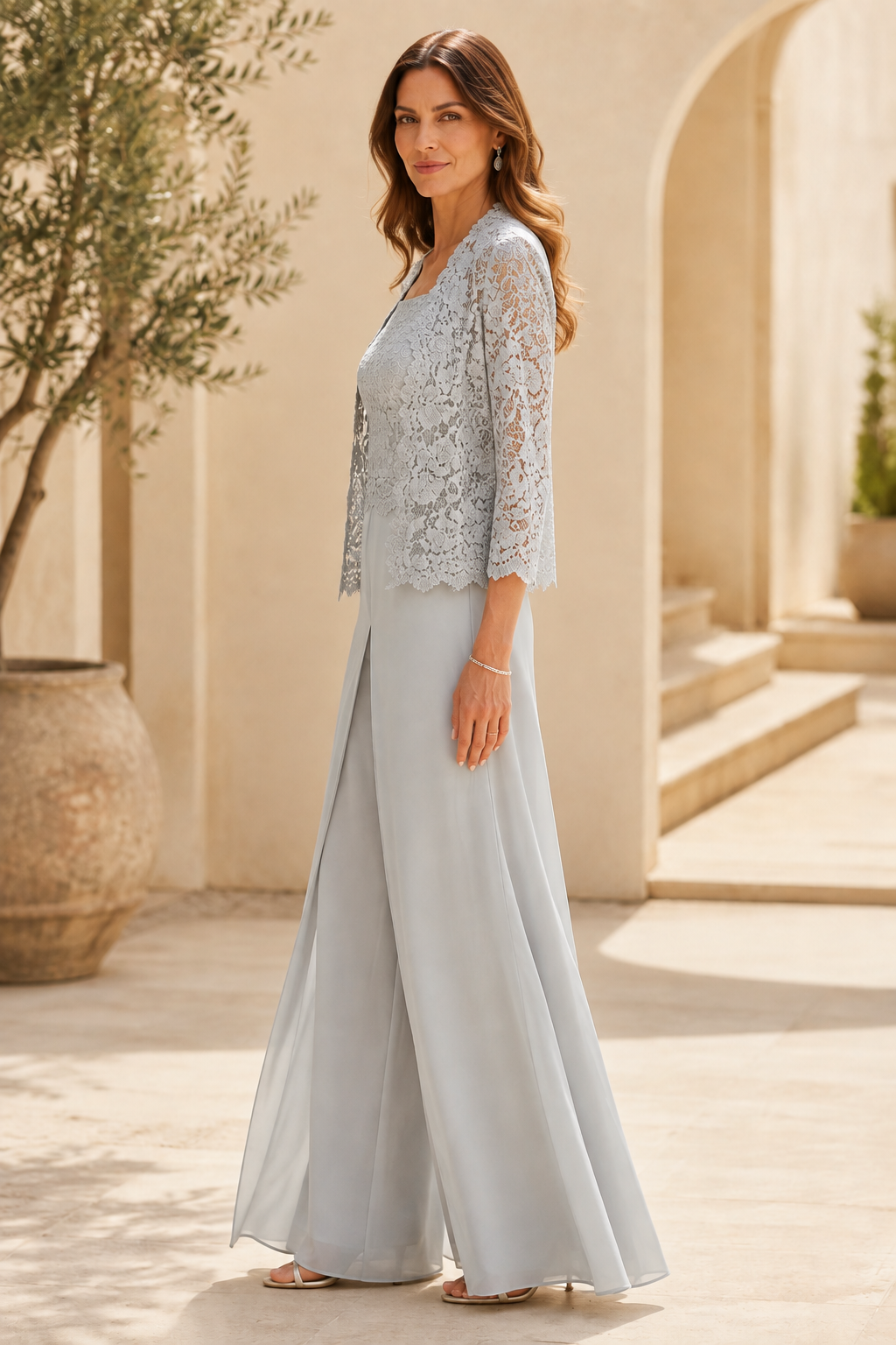 Lace Bodice Wide-Leg Pantsuit with 3/4 Sleeve Jacket