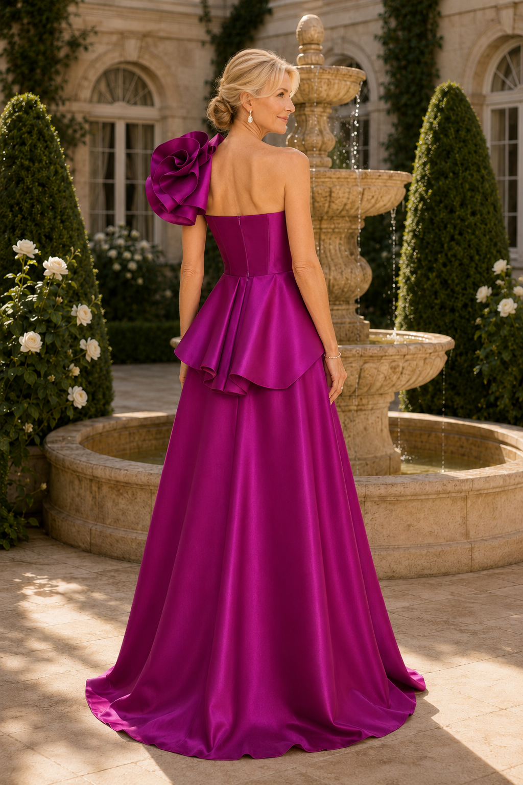 One-Shoulder Floral Peplum A-Line Gown