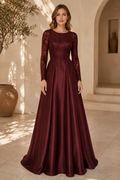 Long-Sleeve Lace Bodice A-Line Satin Gown