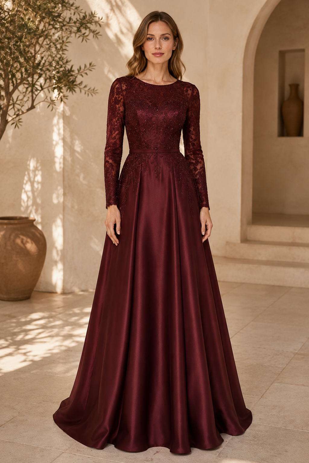 Long-Sleeve Lace Bodice A-Line Satin Gown