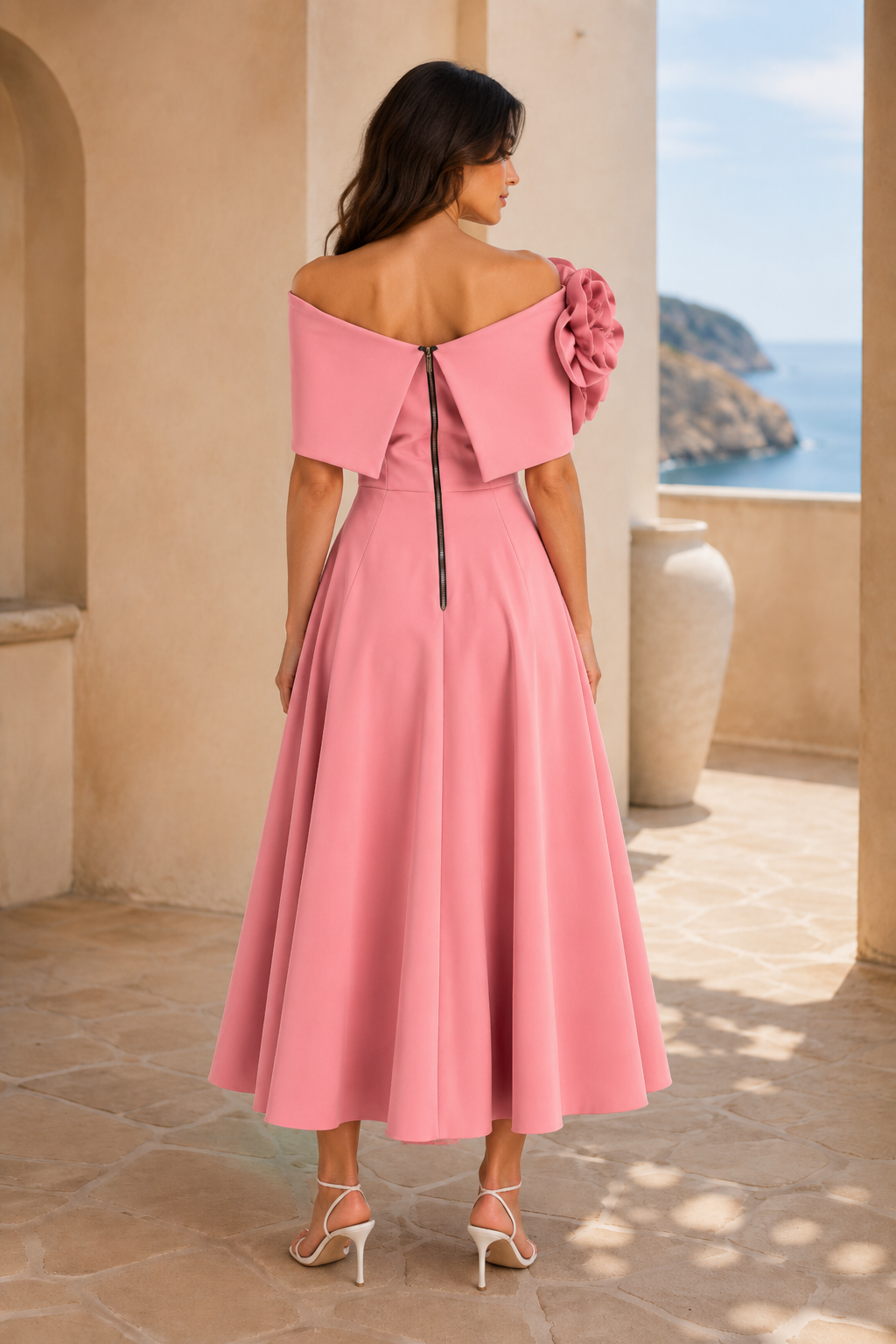 Off-Shoulder Floral Applique A-Line Midi Dress