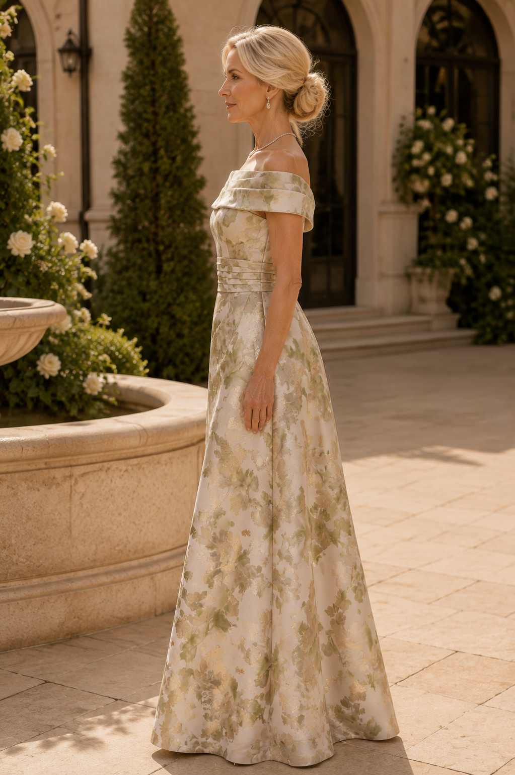Off-the-Shoulder Pleated Floral A-Line Gown