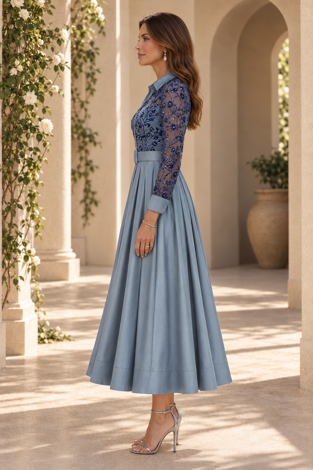 Sequined Shirt Collar Pleated A-Line Midi Dress